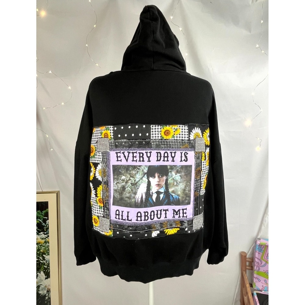 Upcycled Womens Hoodie XL Hex The Patriarchy Wednesday Floral Patchwork Goth Emo